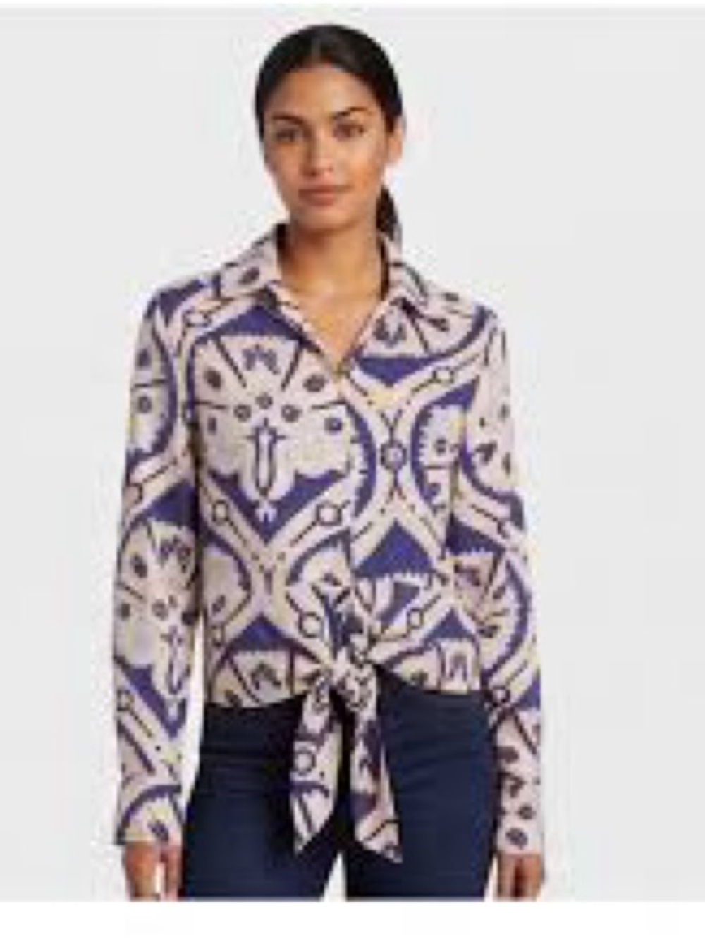Kristen Sirrano linen blend floral tie front button-down blouse M